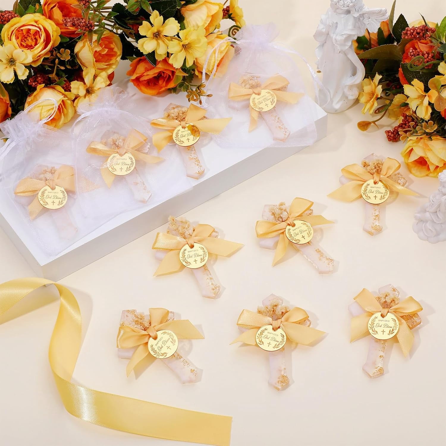 12 Pcs Baptism Favors for Guests Epoxy Cross Fridge Magnets First Communion Cross with Flower Christian Souvenirs Gift for Baptism Christening Baby Shower Party Family Gathering (White)