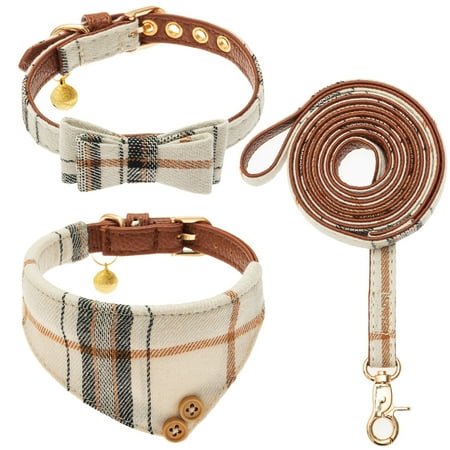 ENIYUU 3pcs Leather Small Dog Collars And Leash Set Plaid Bow Tie & Bandana Cute Dog Collar With Bell - Adjustable Pet Collars With Walking Leash For Small Dog Puppy Cat