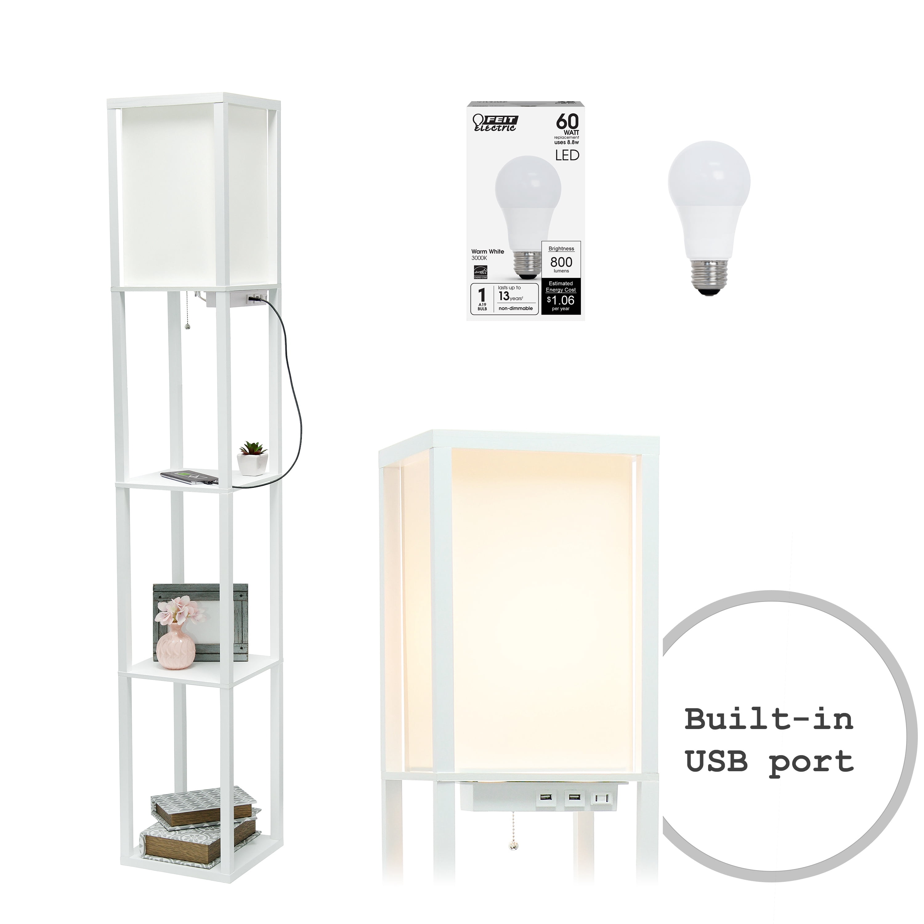 Simple Designs 62.5" 3-Shelf Etagere Floor Lamp with USB, Outlet & LED Bulb, White