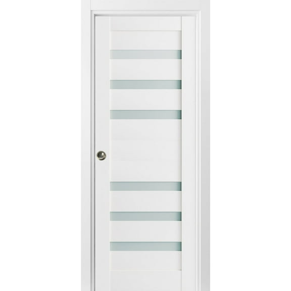 Sliding French Pocket Door 32 x 84 inches with Frosted Glass | Quadro 4266 White Silk | Kit Trims Rail Hardware | Solid Wood Interior Bedroom Sturdy Doors