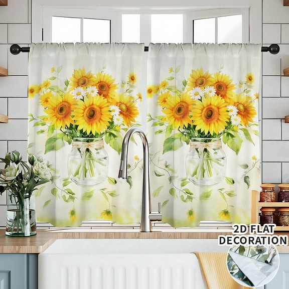 2pcs Sunflower Kitchen Window Curtains Over Sink Small Window Short Curtains for Bathroom Tier Drapes 28x36 inch