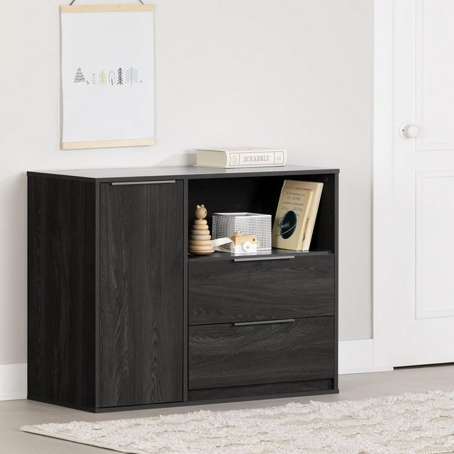 Commode 2 tiroirs avec porte pour Enfants, fini Chêne gris, collection Hourra de Meubles South Shore