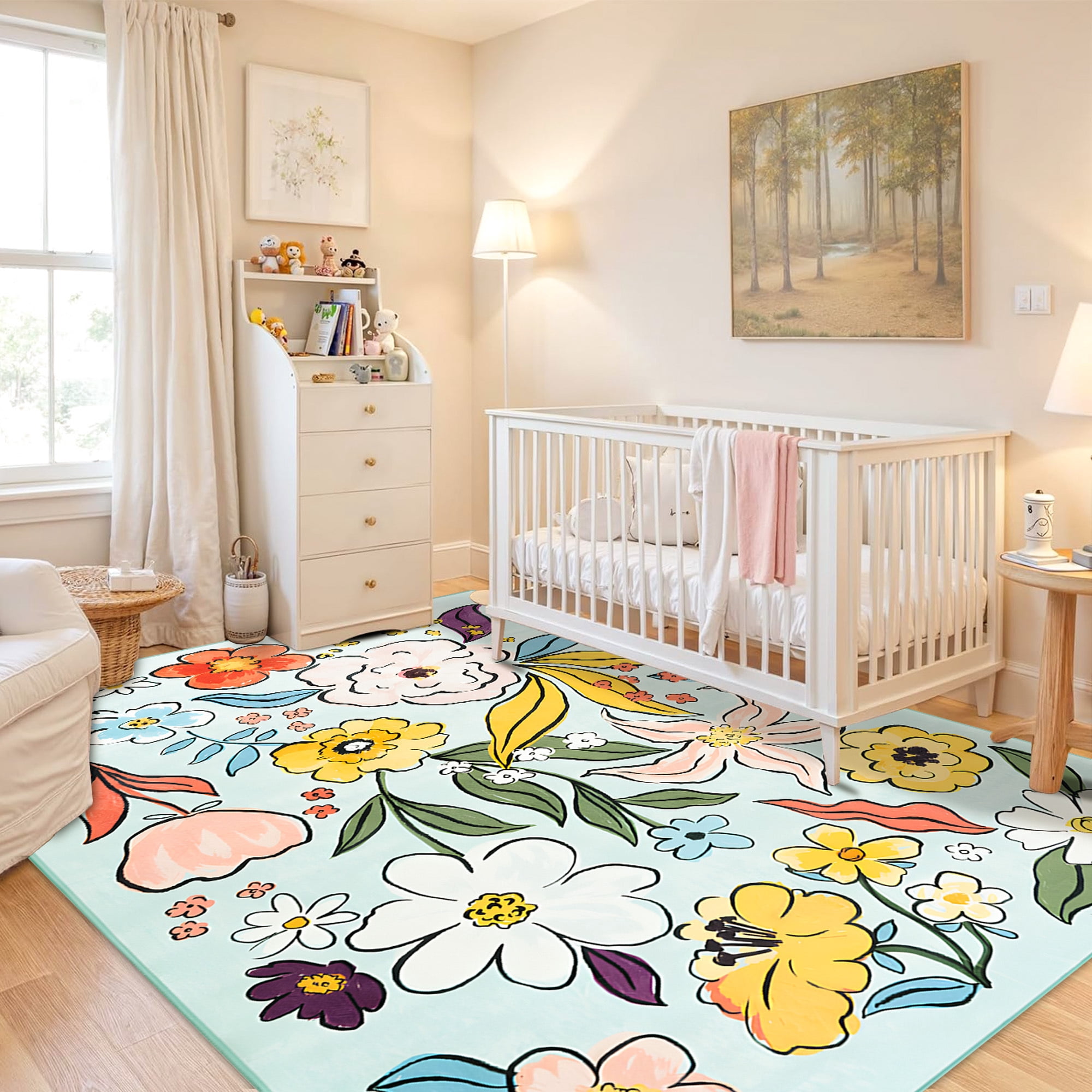Wondo Washable Non-Slip 4x6 Floral Area Rug - Soft Green Low Pile Floor Carpet with Botanical Big Flower Design for Girls Bedroom, Living Room, Dining Room, Kids Classroom Office