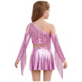 thumbnail image 2 of TSSOE Kids Girls 2 Piece Sequin Jazz Dance Outfit Long Sleeve Metallic Fringed Crop Top and Mini Pleated Skirts Set Pink 10, 2 of 7