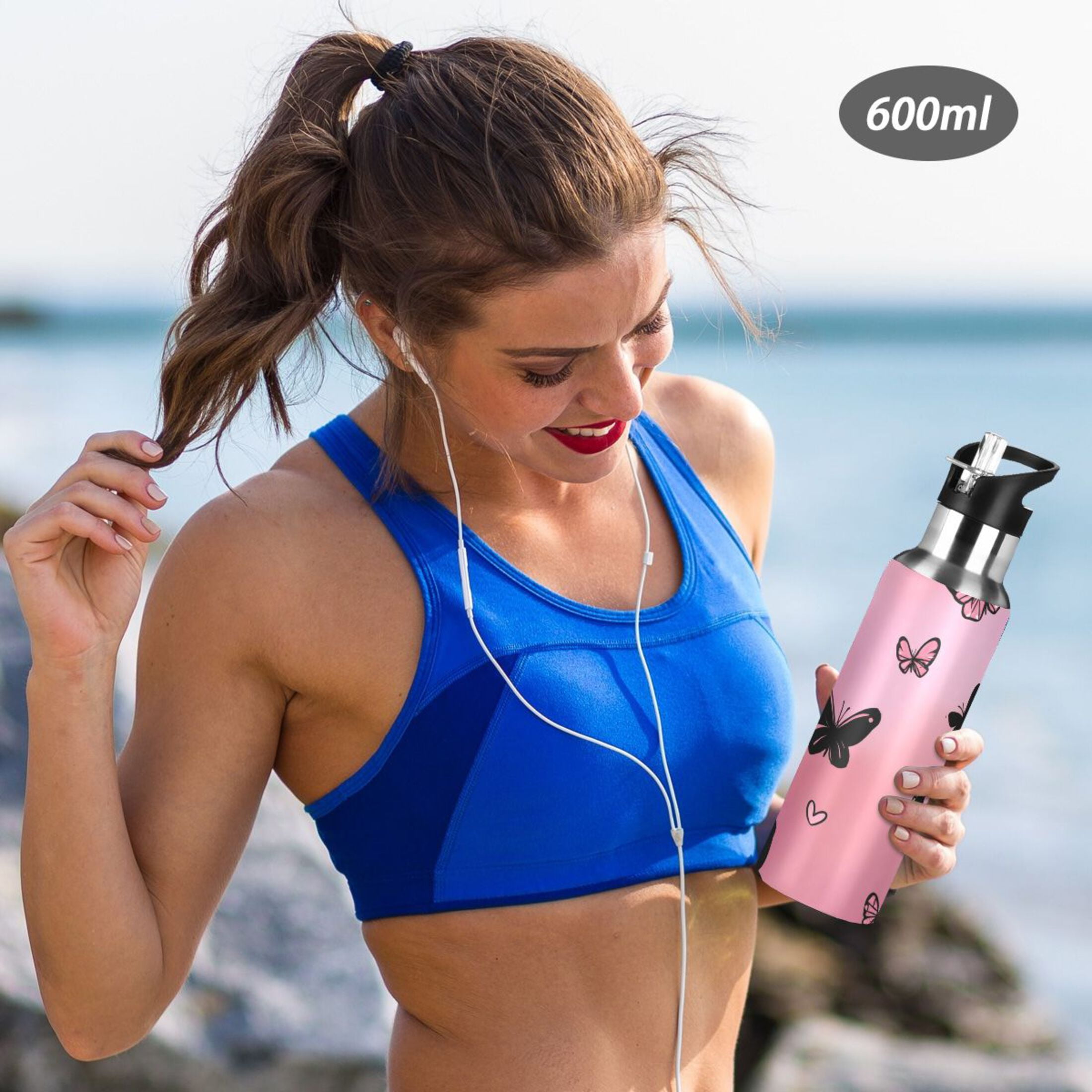 Iauyy Stainless Steel Double-Wall Vacuum Insulated Water Bottle with Straw-600ml&1000ml BPA-Free Leak-Proof for Travel Workouts Outdoor,Heart-shaped Gradient Effect