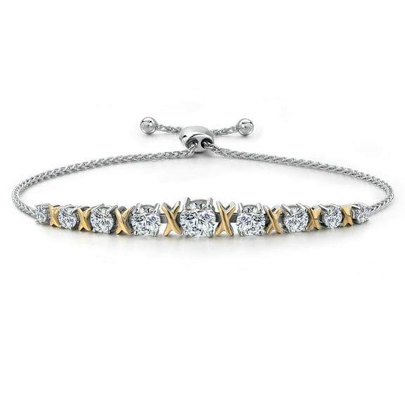 Gem Stone King 1.70 Cttw Round Lab Grown Diamond Graduated Bracelet for Women | 925 Silver and 10K Yellow Gold | DEF Color | VVS-VS Clarity | Adjustable Bolo Bracelet | Easy-On Easy-Off