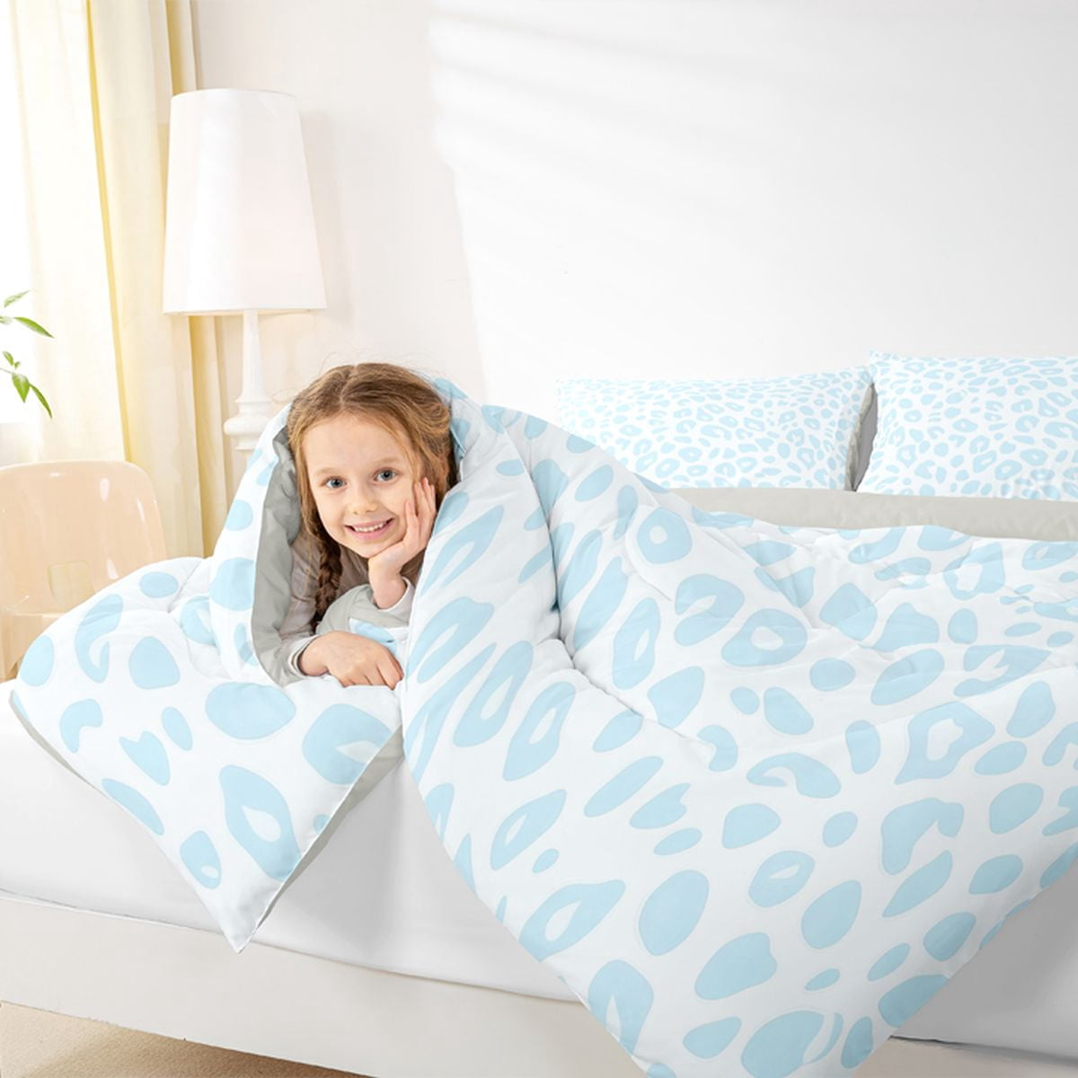 Erosebridal Kids Leopard Printed Queen Comforter Set, Blue Cheetah Print Bedding Comforter Set, Grey Reverisble, 3 Pieces