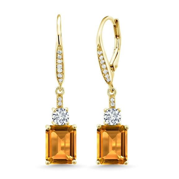 Gem Stone King 18K Yellow Gold Plated Silver Yellow Citrine White Moissanite and White Topaz Dangle Earrings for Women (5.33 Cttw, Gemstone November Birthstone, Octagon 9X7MM)