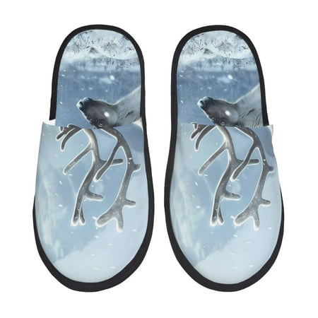 Balery Winter Reindeer In Snowy Mountains Slient Indoor Furry Fleece Comfort House Shoes Soft Non-Slip Home Shoes Cotton slippers House Slippers-- Medium
