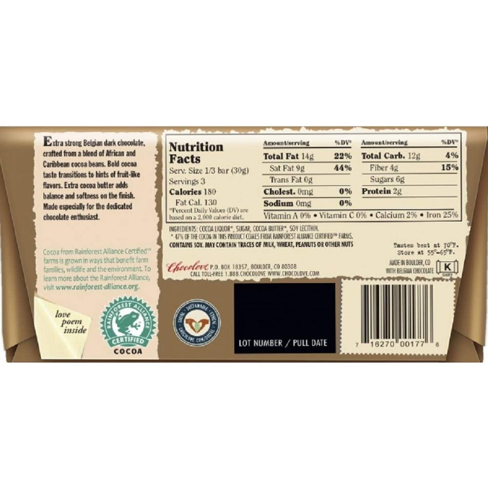 Chocolove Natural Dark Chocolate Extra Strong 3.2Oz / 90gr | 12 Bars