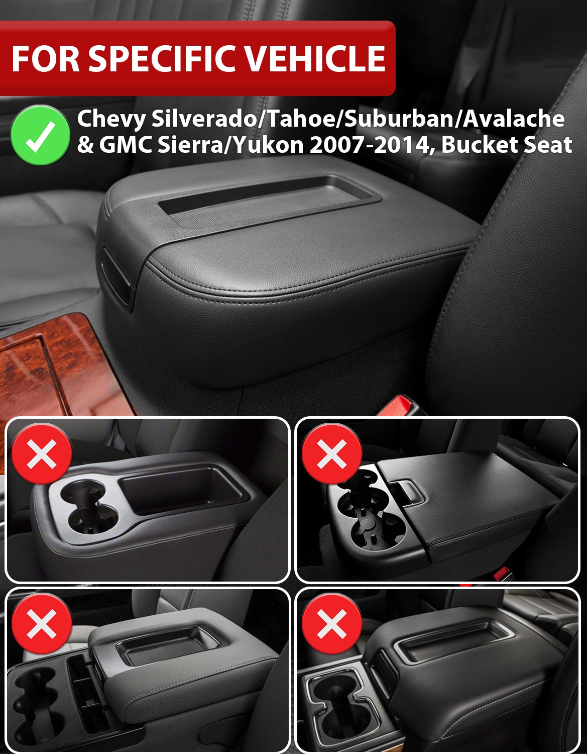 KBH Center Console Cover for 2007-2014 Chevy Silverado Tahoe Suburban Avalanche, GMC Sierra Yukon, Black Leather Armrest Cover for Car Interior Accessories (Bucket Seat Only)