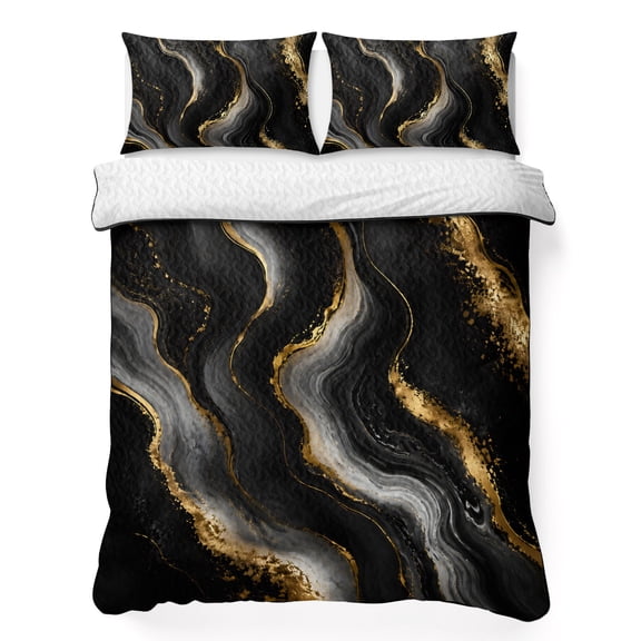 Quilts Full Size Bedding Set, Black Gold Marble Lightweight Quilted Comforter, Luxury Modern Abstract Art Soft Reversible Bedspread Coverlet with Pillow Covers for All Season, 78" x 90"