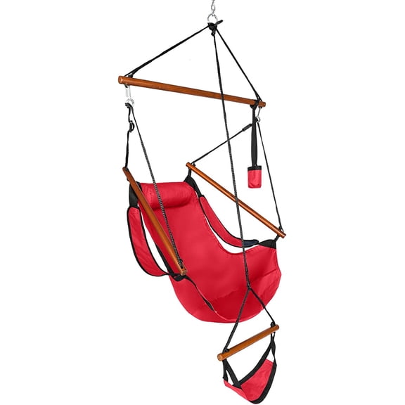 HLL Hammock Hanging Chair, Air Deluxe Sky Swing Seat with Pillow Cup Holder Armrests Footrest Carry Bag for Indoor Outdoor Park Yard Camping 250LBS Red