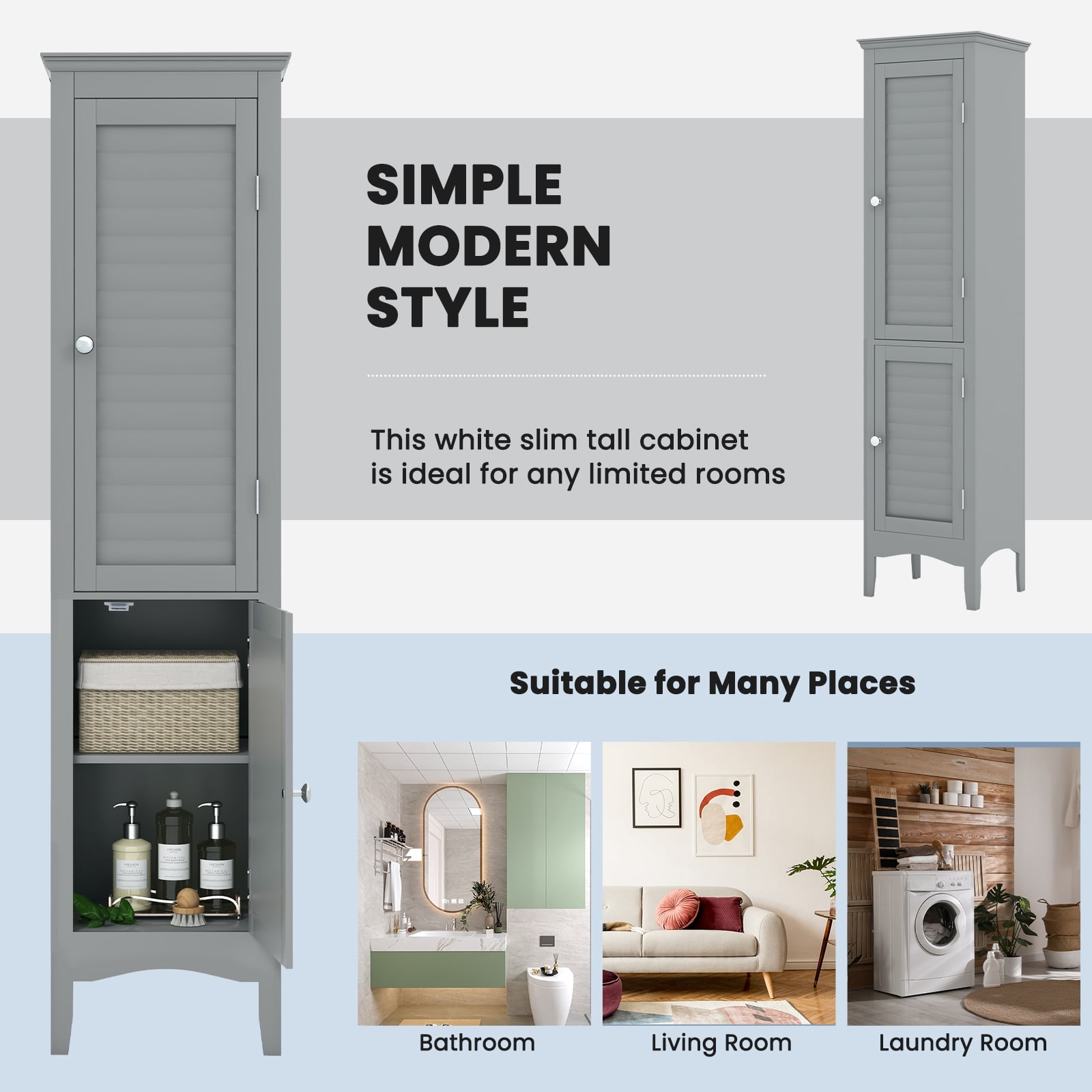 Topbuy Freestanding Bathroom Storage Cabinet Tall Narrow Storage Cabinet with 1 Adjustable Shelf 1 Drawer and 2 Doors Gray