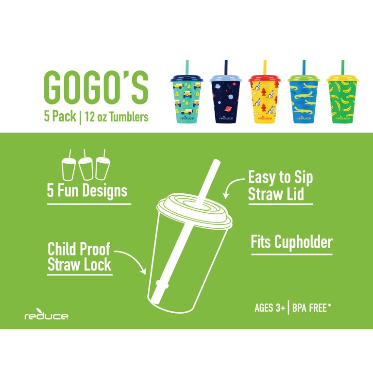 Reduce GoGo's – 12 oz Kids Tumbler Set, 5 Pack – Plastic Kids Cups with  Straws and Lids – Dishwasher Safe, BPA Free – An Ideal Kids Smoothie Cup –  Mix and Match, 5 Fun Designs, Wild 