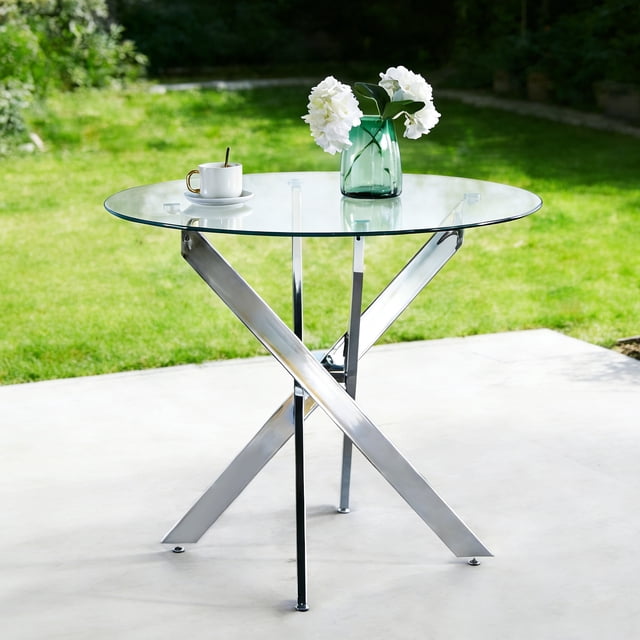 Round Dining Table,Glass Dining Table,Square 90x90x75cm,chrome leg,glass table top