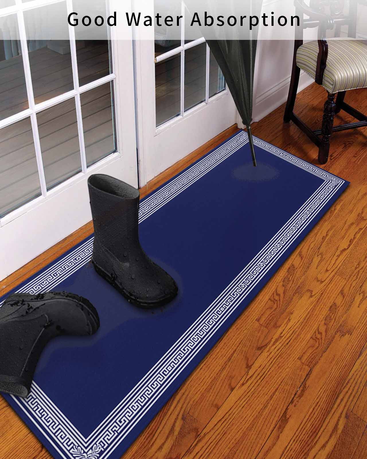 Navy Blue White Front Door Mat Geometric Greek Style Abstract Art Welcome Doormat Indoor Outdoor Entrance Floor Mat Non-Slip Washable Runner Rug for Front Porch Decor 18x60 Inch