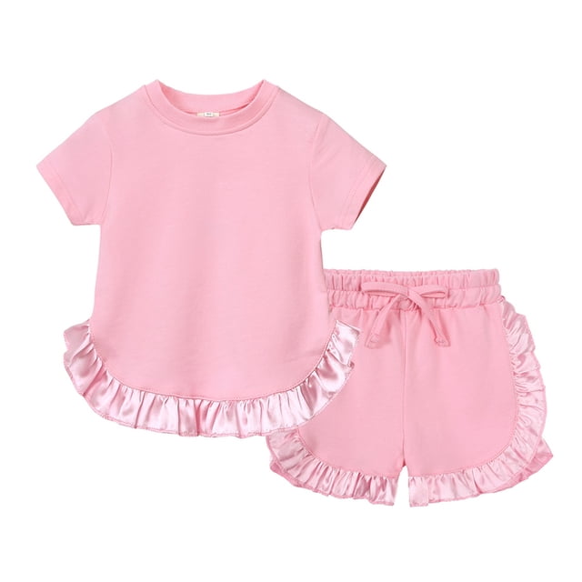Kids Toddler Baby Girls Spring Summer Solid Short Sleeve Tshirt Ruffle Shorts Tracksuit Outfits Clothes Set