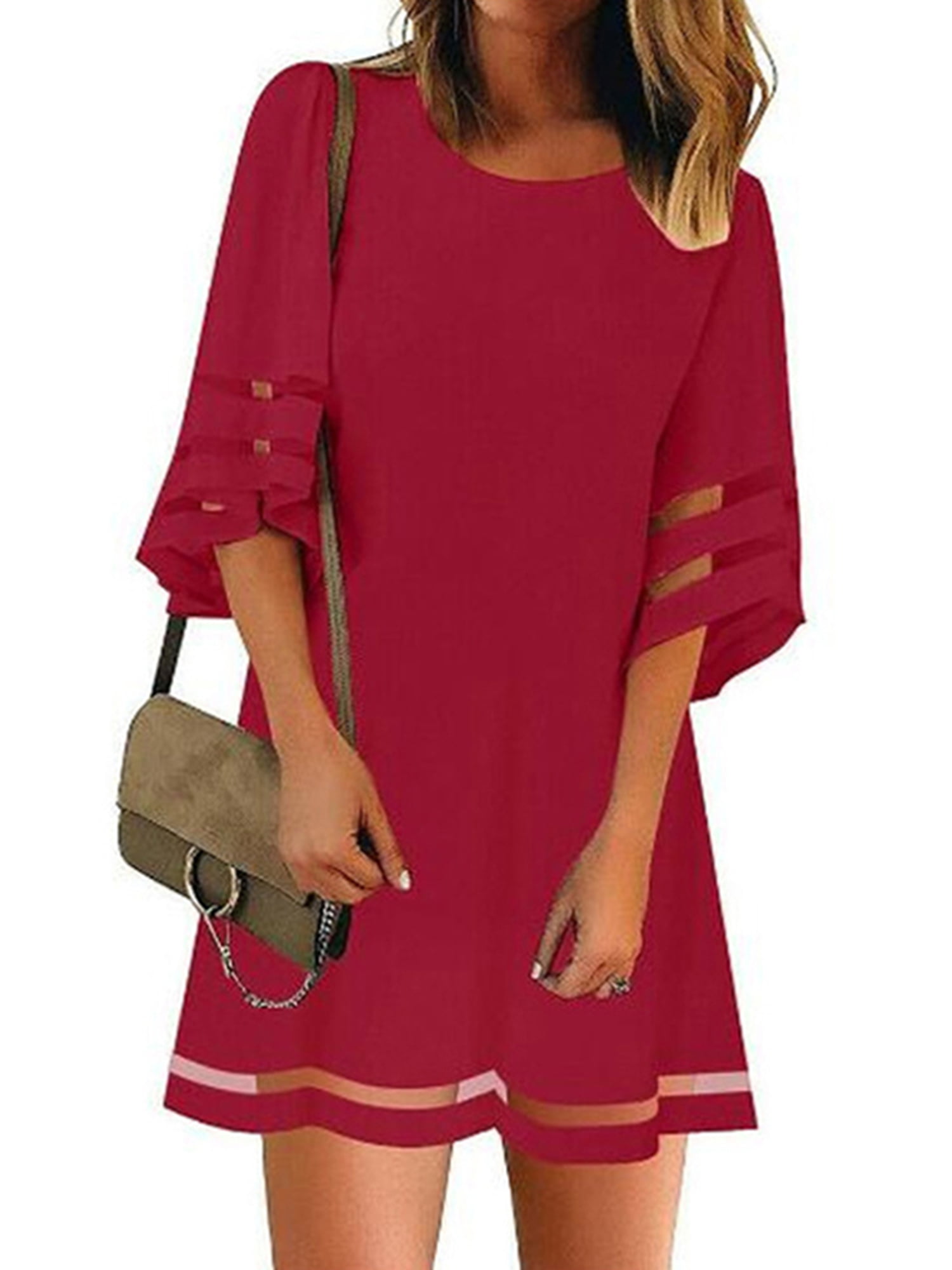Women V-Neck T-Shirt Mini Dress {Mesh Panel Patchwork} 3/4 Bell Sleeve Solid Loose Tunic Tops Dresses