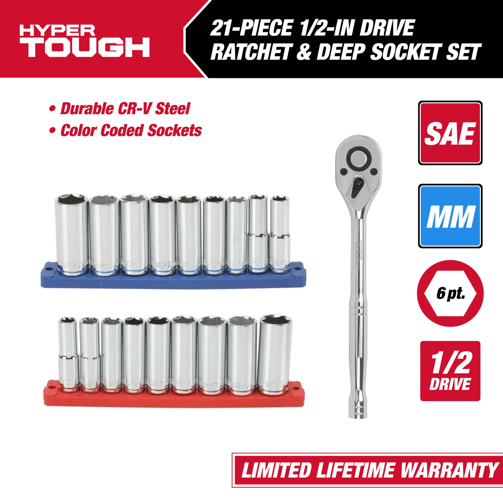 Juego de 21 piezas Hyper Tough de llave de trinquete y dados profundos de 1/2 pulgada (SAE y mm) 2