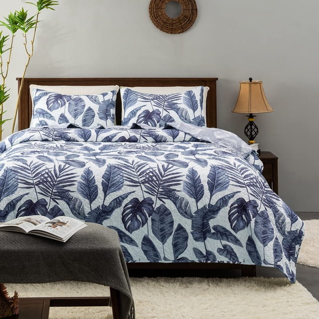 HORIMOTE HOME Juego de edredón de plantas tropicales, tamaño king, 3 piezas, hojas de palma azules, estilo selva tropical, colchas reversibles con estampado fino, juego de cama suave y ligero para tod