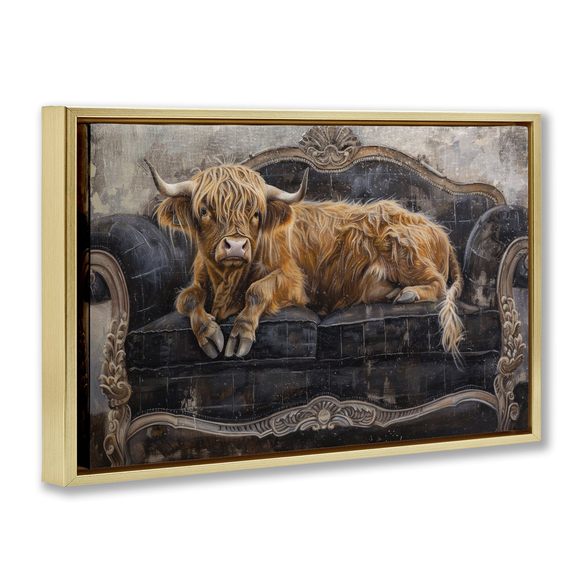 Stupell Industries Cozy Couch Highland Cow Gold Framed Floater Canvas Wall Art, design by Tina LeCour