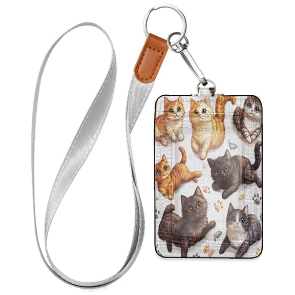 PU Leather ID Badge Holder Stylish Badge Holders with Lanyard (4.3x2.8x0.3in) for Cards & Credentials Colorful Cartoon Cats