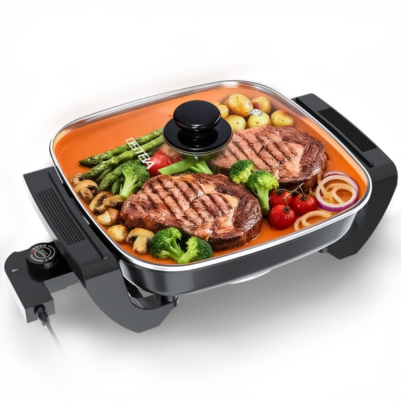OSTBA 12-Inch Electric Skillet with Glass Lid, 1500W Copper Nonstick Electric Frying Pan, Adjustable Temperature Control, Cool-Touch Handles, Fast & Even Heating, Easy to Clean