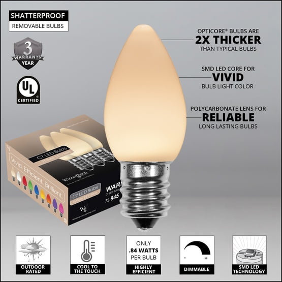 OptiCore C7 Opaque Ceramic Style Warm White LED Christmas Lights Replacement Bulbs, Pack of 25, Shatterproof 0.84W, E12 Base