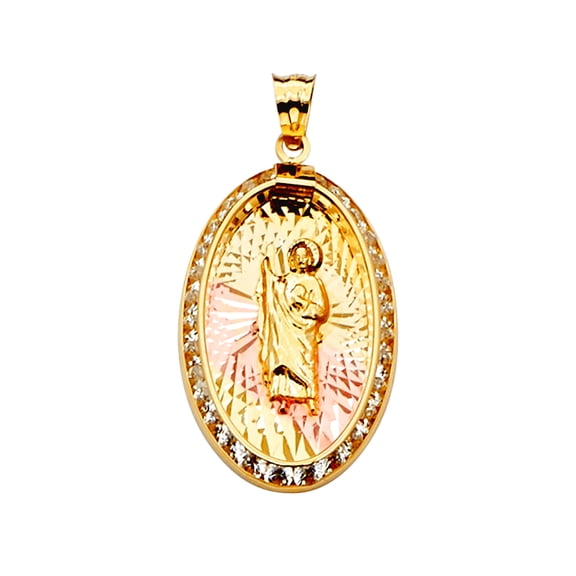 14k Yellow Gold White Gold and Rose Gold Cubic Zirconia San Judas Medal Pendant Necklace 15x30mm Pendant for Women