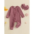 thumbnail image 2 of Suealasg Baby Girl Full Length Jumpsuit +Headband 3 6 12 Months Newborn Girl Long Sleeve Ruffle Zip Up Romper Bodysuits 2Pcs Infant Girl Fall Clothes, 2 of 8