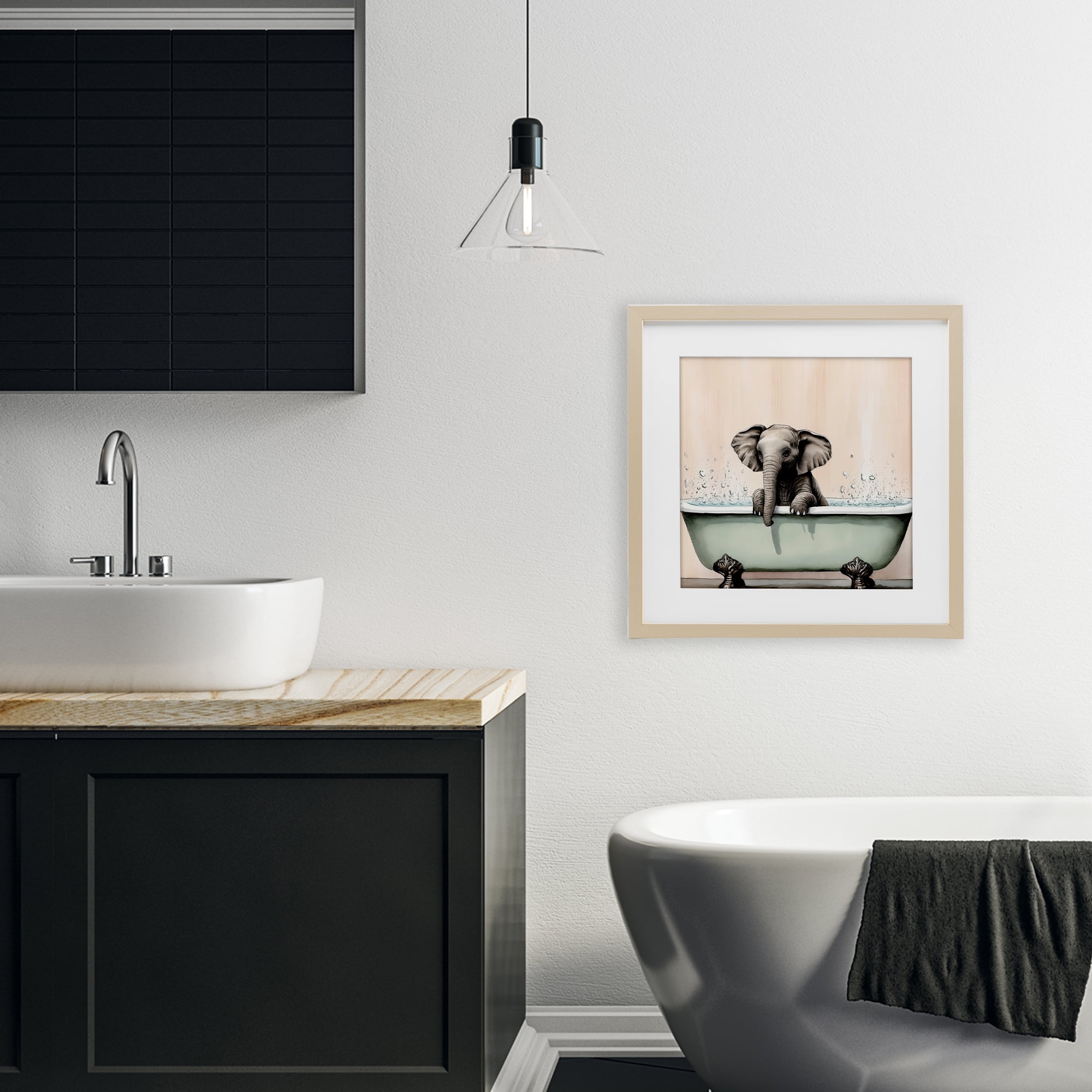 Baby Elephant Bathtime Birch Framed Print Under Glass, design by Sasha