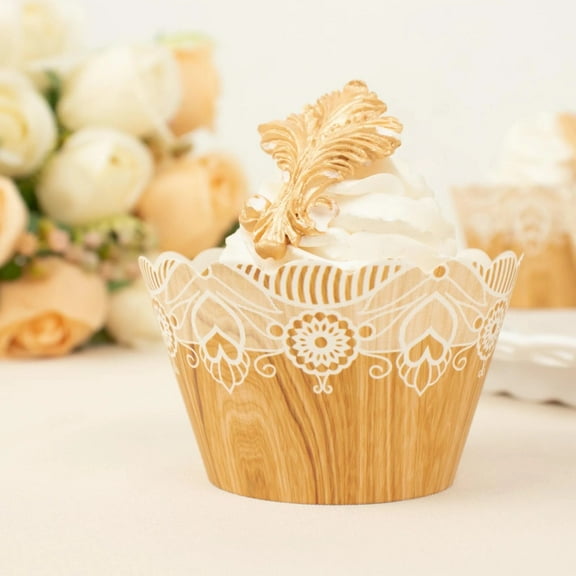 BalsaCircle 25 Natural White Paper Cupcake Wrappers Wood Lace Print Muffin Liners Party Events Decorations