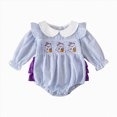 thumbnail image 4 of Staki Newborn Baby Girl Smocked Halloween Outfit Infant Plaid Bubble Romper Embroidery Fall Clothes 0-24M(Light Blue,0-3 Months), 4 of 5