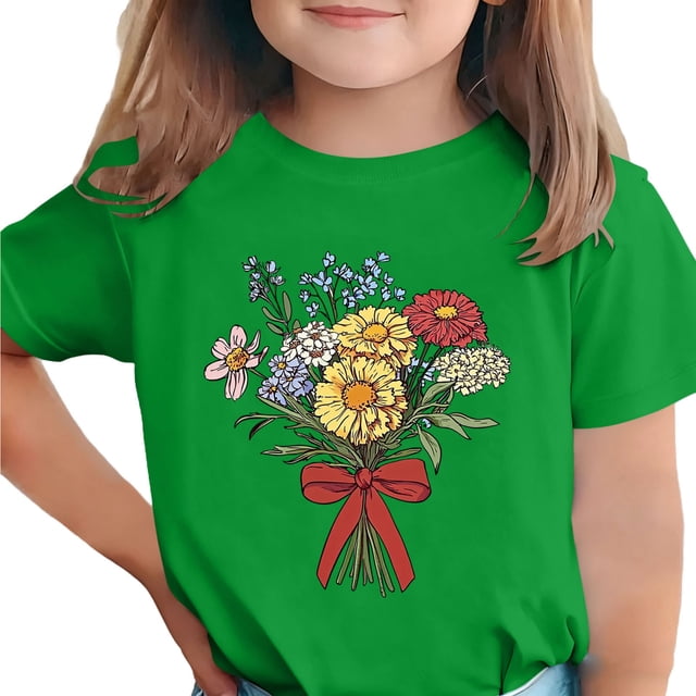 Zpanxa T-Shirts d'Été pour Filles Imprimé de la Fête de l'Indépendance Col Rond Manches Courtes Haut Polyester Spandex 5-6 Ans