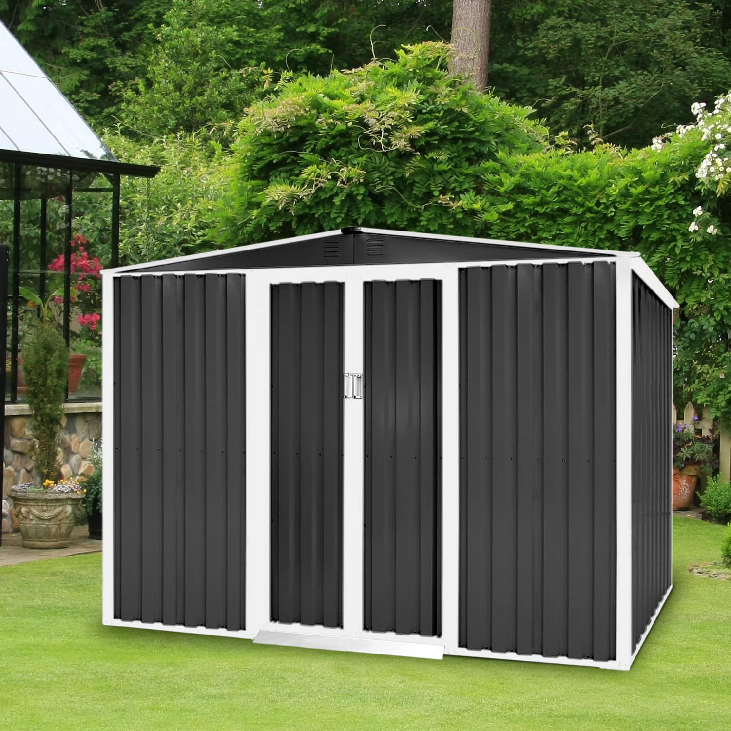 Green SOLAURA 6x4 Outdoor Vented Storage Shed Garden Backyard Tool Steel Cabin 