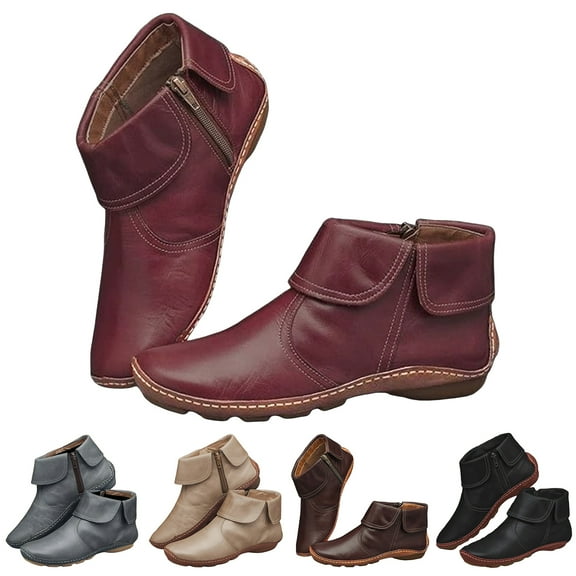 Pandaie Ankle Boots for Women Vintage Fall Winter Casual Slip on Flats Shoes 2025 Arch Support No Heel Walking Short Booties with Side Zipper Black 6.5