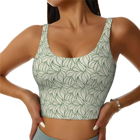 Qokaie Leaves Pattern Womens Scoop Neck Sports Bra Breathable Workout Vest Padded U Back Medium Impact Fitness Gym Yoga Bra Workout Crop Top-X-Large