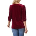 thumbnail image 3 of INSPIRE CHIC Women's Velvet Tops V Neck 3/4 Puff Sleeve Fall Winter Trendy Casual Tunic Blouse Loose T-Shirt S Wine Red, 3 of 6
