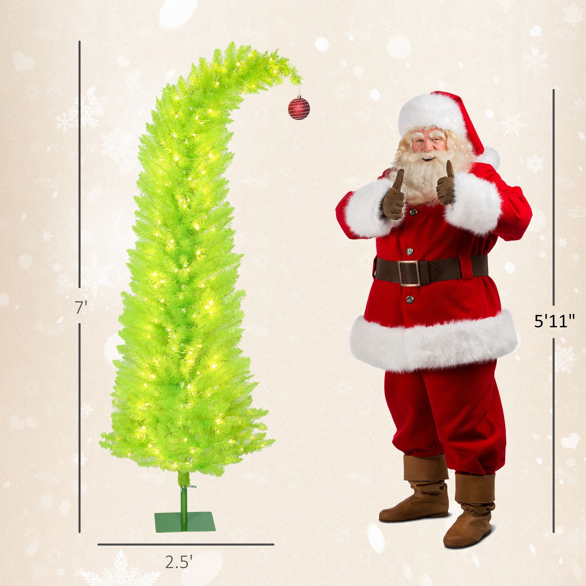 7 ft Prelit Pencil Christmas Tree with 250 Warm White LED Lights, 628 Tips, Bent Top with Red Ball, Slim Artificial Xmas Tree for Small Spaces and Apartments