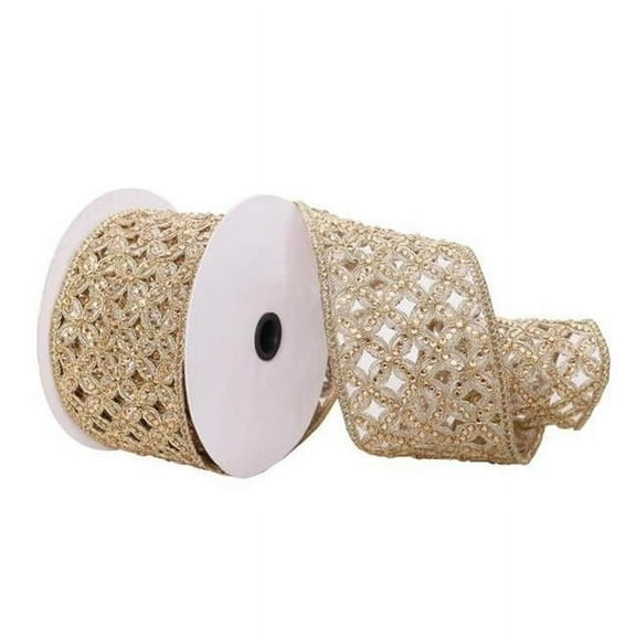 Vickerman Q221745 3.5 in. x 5 Yard Gold Jewel Cut-Out Wired Edge Christmas Ribbon