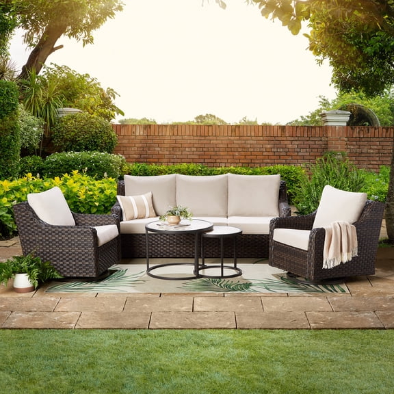 Better Homes & Gardens River Oaks Outdoor 5-Piece Wicker Conversation Set with Patio Cover, Dark Brown