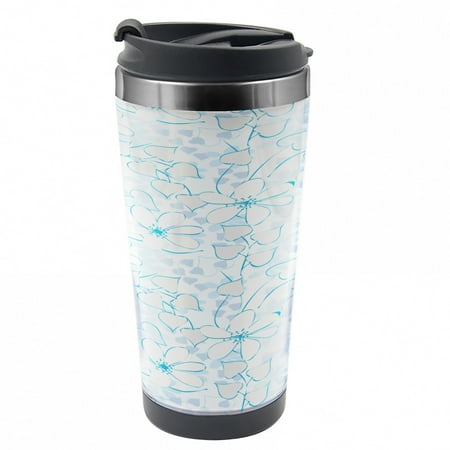 

Blue Travel Mug Abstract Flowers Hearts Steel Thermal Cup 16 oz by Ambesonne