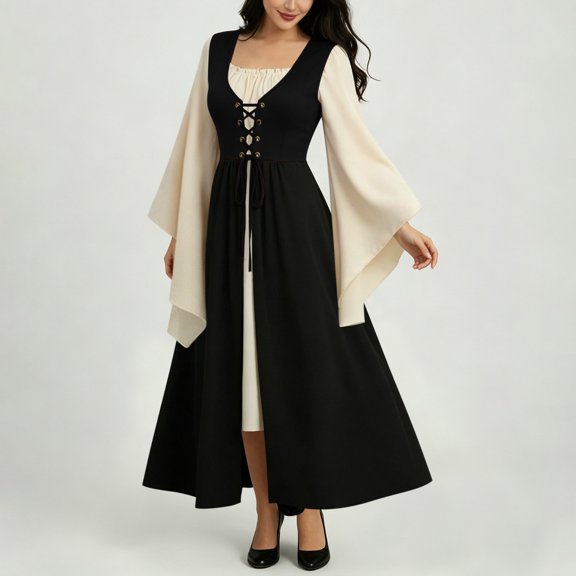 GZMOALH Women's Renaissance Square Neck Corset Maxi Dress with Bell Sleeves and Layered Skirt