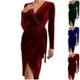 thumbnail image 2 of Cadancy Women's Dresses Velvet Long Sleeve V Neck Ruched Wrap Belt Bodycon Cocktail Party Maxi Dress Elegant Vintage Dressy Casual Evening Prom Costumes, 2 of 8