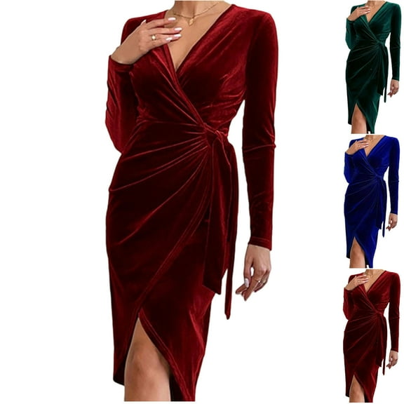 YTCAMLO Elegant Velvet Midi Dresses for Women Fashion Faux Wrap Ruched Long Sleeve Bodycon Dress Stretchy V Neck Cocktail Dresses, Red M