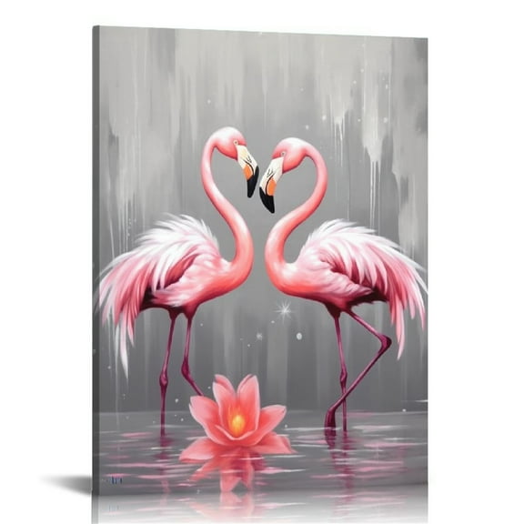 COMIO Animal Canvas Wall Art Pink Flamingo family Painting Picture Animal Love Canvas Prints Pink and gray Artwork Stretched and Framed Living Room Bedroom Decor 12x16inch