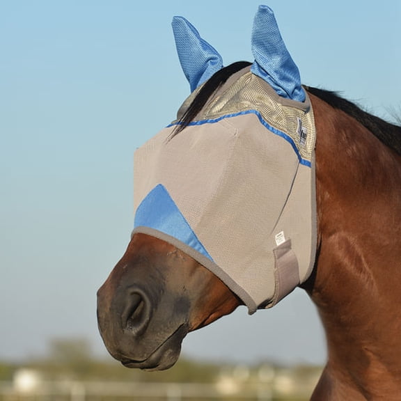 Cashel Crusader Sun Fly Mask with Long Nose - 70% UV Protection & Breathable Nylon Mesh Warmblood / Standard / Ears | Blue