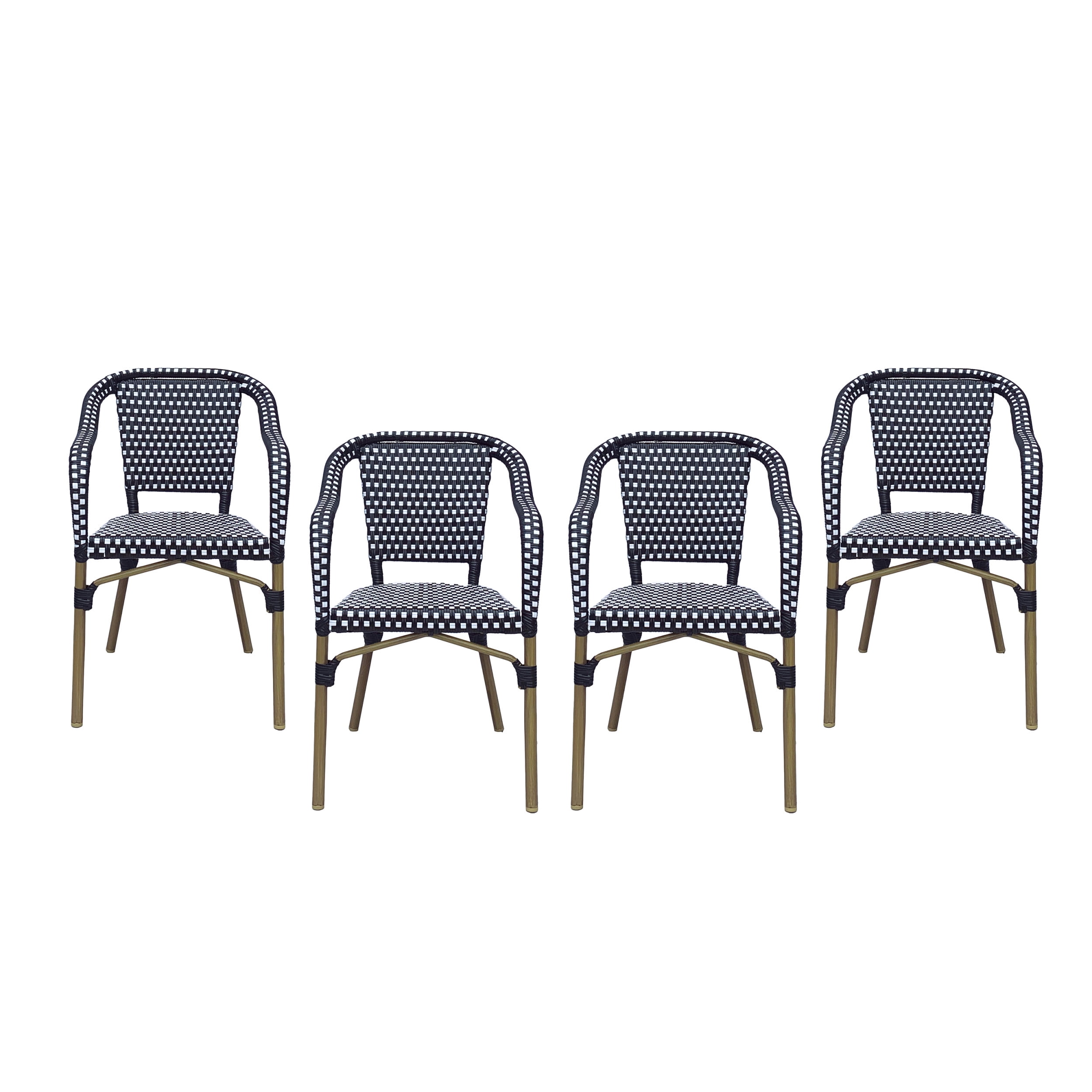 Baton Aluminum and Wicker Outdoor French Bistro Chairs, Set of 4, Black, White, and Wood Print