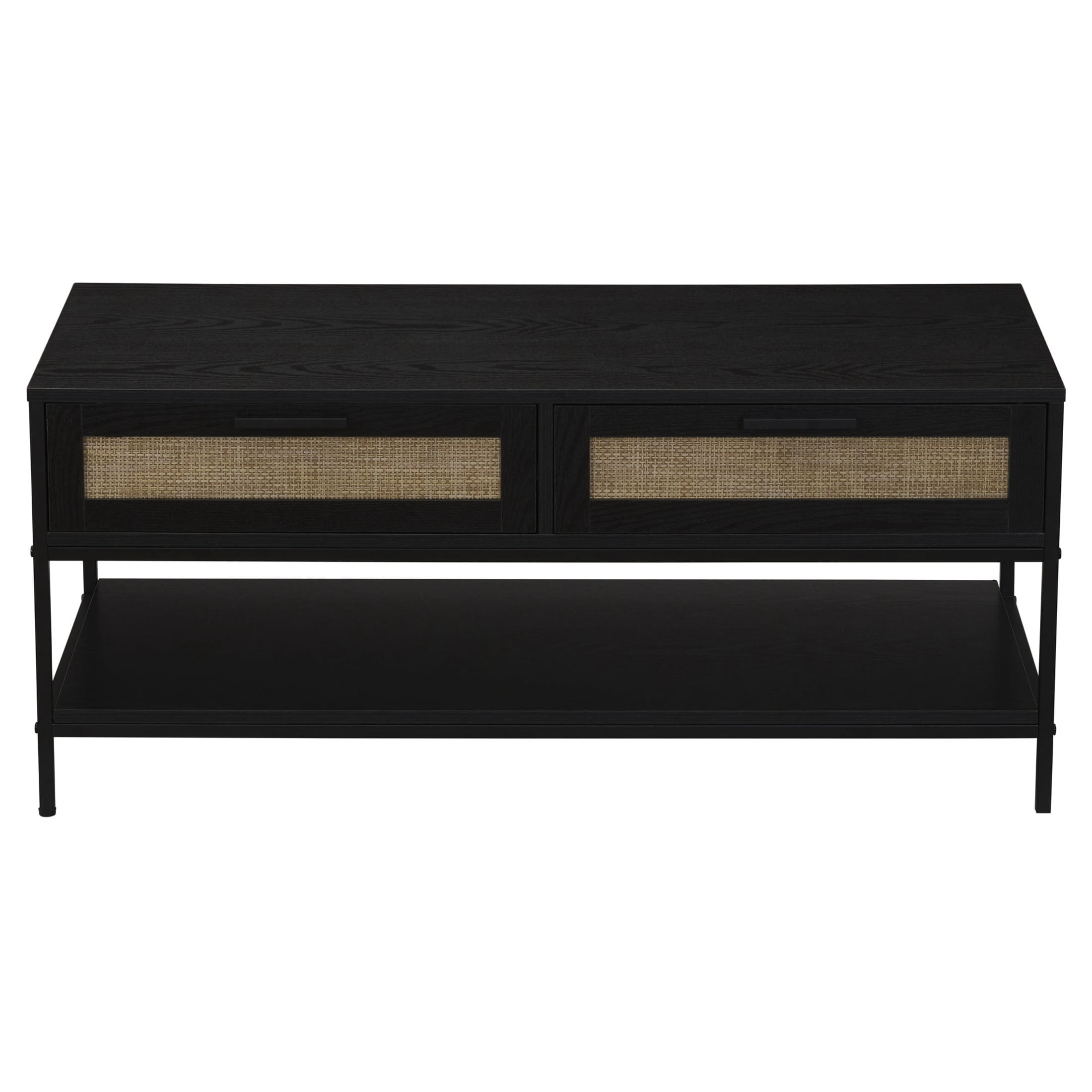 Household Essentials Bungalow Rectangular Coffee Table with Storage Shelf and 2 Drawers Black Oak Wood Grain Woven Front and Black Metal